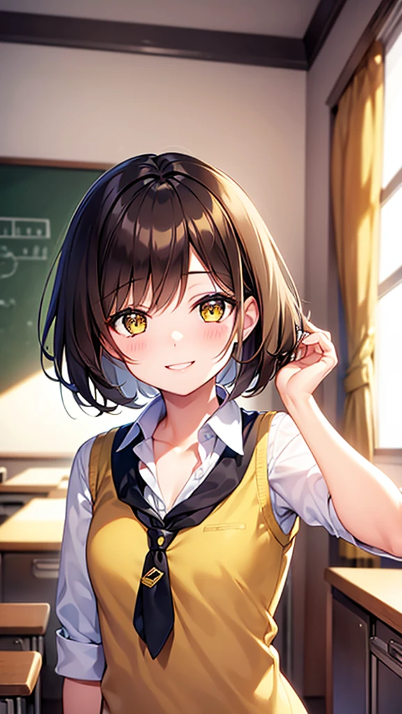 Girl, short hair, brown hair, yellow sapphire eyes, cute girl, smile, high , classroom