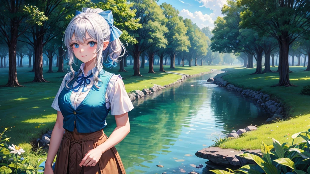 1girl, solo, full body, ((Lord of the Rings)), summer, village, trees, sun, clouds, fantasy, ((colorful hair)), curly hair, ponytail, big full breasts, ((blue vest sweeter)), button down shirt, ((white shirt)), ((short sleeved shirt)), ((unbuttoned shirt)), unbuttoning buttons, cleavage 1:3, blue eyes, skirt, smile, looking at the viewer, standing, hair ribbon, golden necklate