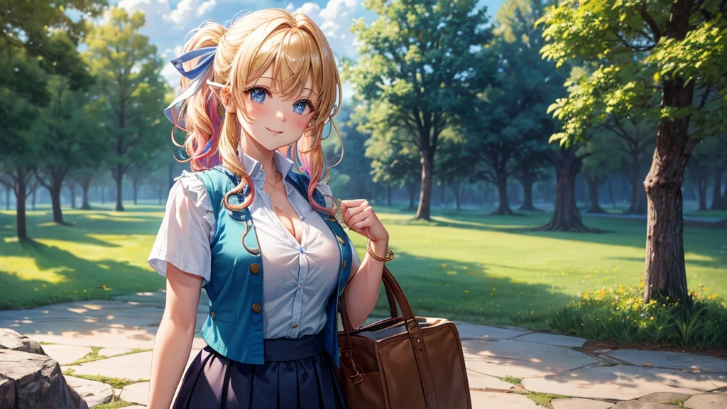 1girl, solo, full body, ((Lord of the Rings)), summer, village, trees, sun, clouds, fantasy, ((colorful hair)), curly hair, ponytail, big full breasts, ((blue vest sweeter)), button down shirt, ((white shirt)), ((short sleeved shirt)), ((unbuttoned shirt)), unbuttoning buttons, cleavage 1:3, blue eyes, skirt, smile, looking at the viewer, standing, hair ribbon, golden necklate