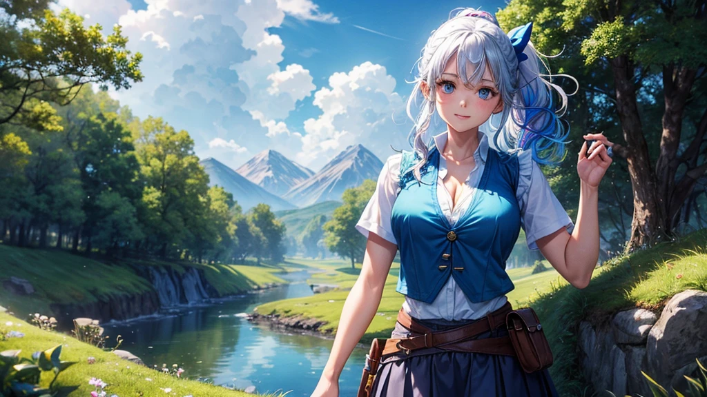 1girl, solo, full body, ((Lord of the Rings)), summer, village, trees, sun, clouds, fantasy, ((colorful hair)), curly hair, ponytail, big full breasts, ((blue vest sweeter)), button down shirt, ((white shirt)), ((short sleeved shirt)), ((unbuttoned shirt)), unbuttoning buttons, cleavage 1:3, blue eyes, skirt, smile, looking at the viewer, standing, hair ribbon, golden necklate