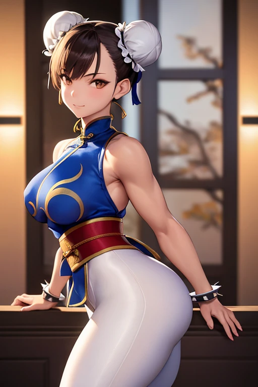 Masterpiece, 1 beautiful girl, fine eyes, puffy eyes, highest quality, movie lighting, Chun Li, Asian beauty, Chinese, super beautiful, beautiful skin, body facing forward, full body, (high resolution), (8K), (highly detailed), (美しくfine eyes), (super detailed), (wall), detailed face, bright lighting, professional lighting, looking at the viewer, facing forward, slanting bangs, masterpiece, highest quality, masterpiece, highest quality, perfect face, perfect brown eyes with white sclera, single, 1 girl, upper body, brown hair, Chinese service, smile, wide hips, muscular woman, big legs, blue qipao, belt, red pants, bun cover, sash, perfect eyes: 1.2, detailed eyes: 1.4, Chun Li, red eyeshadow: 1.2, makeup: 1.2, white obi, qipao, nature, tree, brown eyes, hair short, brown hair, double bun, bun cover, dr.ess blue, pelvic curtain, spiked bracelet, white sash, brown pants, cowboy shot, 1 girl, alone, (Masterpiece: 1.6, best quality), 8k, insane detail, intricate detail, hyper detailed, hyper quality, high detail, ultra detailed, professional, HDR, ray traced reflection, cinematic lighting,