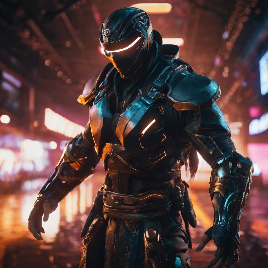 A highly detailed photo-realistic cyborg ninja, detailed robotic eye, Mortal Kombat inspired, dramatic lighting, cyberpunk, hyper-detailed, 32k, masterpiece, cinematic, digital art, concept art, sharp focus, depth of field, volumetric lighting, neon lights, gritty, dark, moody