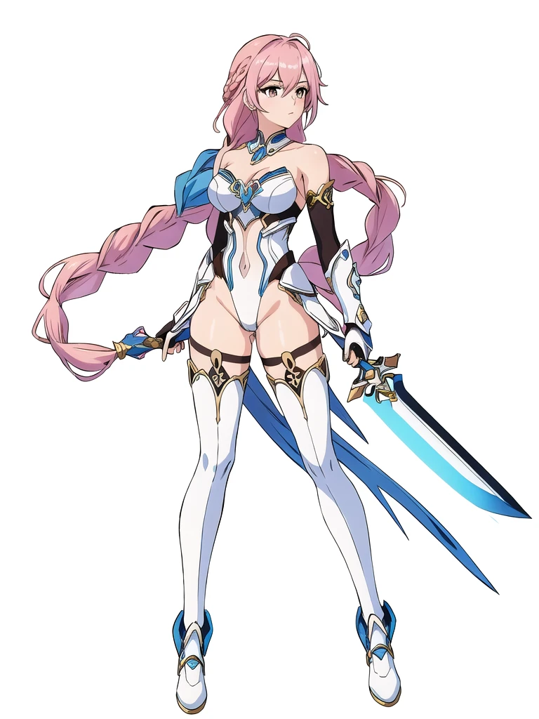 (((Best Quality))) , ((full body)), An adult female, (((white background))), variety of hairstyles, variety of design, gauntlets, leotard, body stocking, (cropped shoulders), holding great sword, gloves, stand posture, ((skyblue theme costume)), pink hair, thong, (braid),
