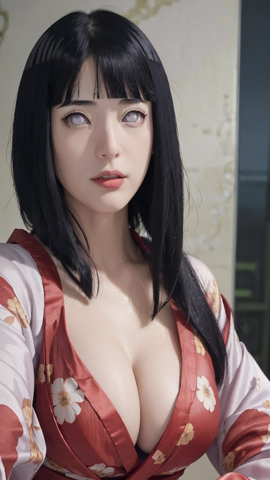 masterpiece, hinata\(boruto\), 1girl, mature women, (((Red floral satin kimono with spaghetti strap top))), (((Selfie))), (((Close-up photo))), (((Closed Clothing))), (((cleavage))), (((big breasts))), (((big round breasts))), (((round breasts))), (((extremely heavy breasts))), (((heavy breasts))), (((Colossal tits))), (((perfect breasts))), (((shy face))), detailed lips, beautiful face, blush, (pink lips), (((long hair))), white eyes, gentle gaze, smile, super realistic, detailed, realistic face and body, realistic hair, realistic eyes, realistic nose, realistic lips, seductive pose, (((straight bangs))), (dark blue hair), 28 year old girl