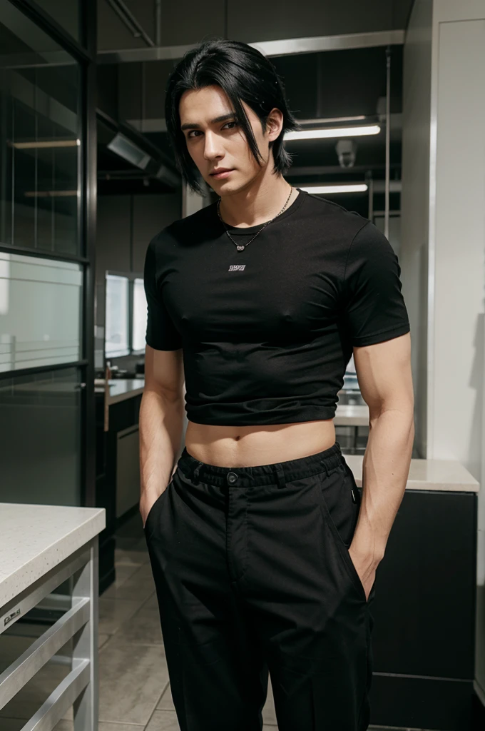 Man with black hair black shirt black pants anime