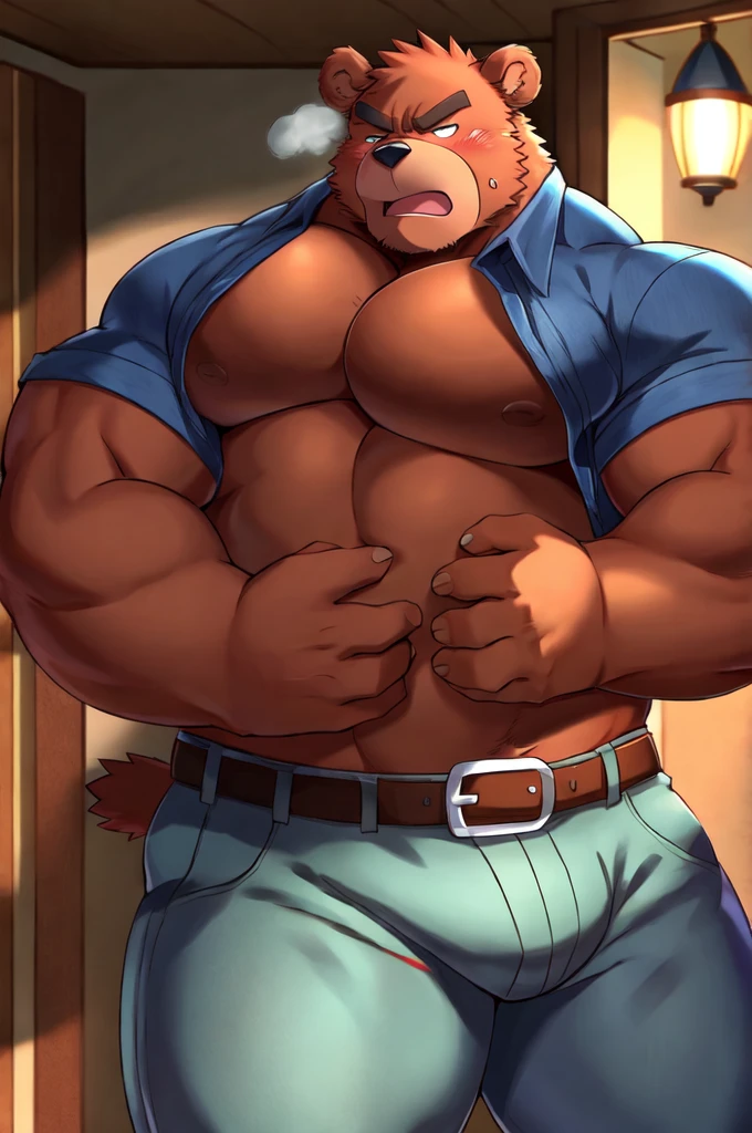 Bear, By Arashi Takemoto 1boy, animal ears, arms behind back, bara, belt, blush, breath, denim, Bear boy, Bear ears, furry, furry male, grabbing, groping, interspecies, jeans, large pectorals, male focus, muscular, muscular male, pants, pectorals, taut, upper body, yaoi, belly, obese, angry face