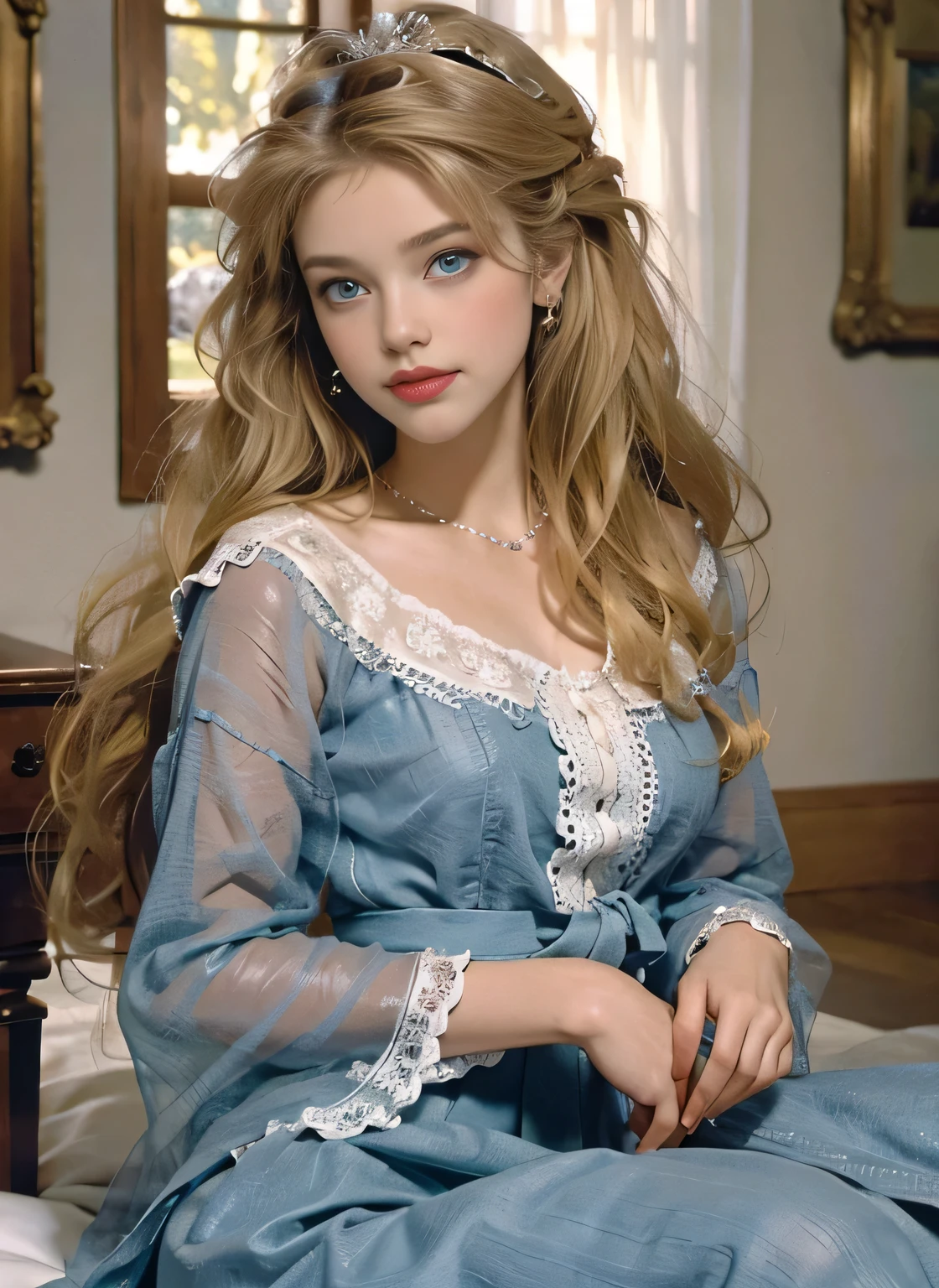 Lolita style，Elegance，Clean indoor environment，The background color is white，elegant aristocratic girl，((tmasterpiece)),high high quality,ultra - detailed,combed blonde hair+white apparel:1.2,sweet and delicate girl,exquisite facial features,perfect body figure，There are bubbles around,The colors are bright and bright,pearl white background,Romantic long hair,Natural soft light,warm and sweet,blue color eyes,Gorgeous hair decoration。Delicate skin texture，True humans，Relaxed state，Solid color skirt，（（tmasterpiece）），high high quality，ultra - detailed，，bjd，Lolita prostitute，exquisite facial features，face adorned with pearls，There are bubbles around，The colors are bright and bright，Romantic long hair，Natural soft light，warm and sweet，with brown eye，Gorgeous hair decoration，