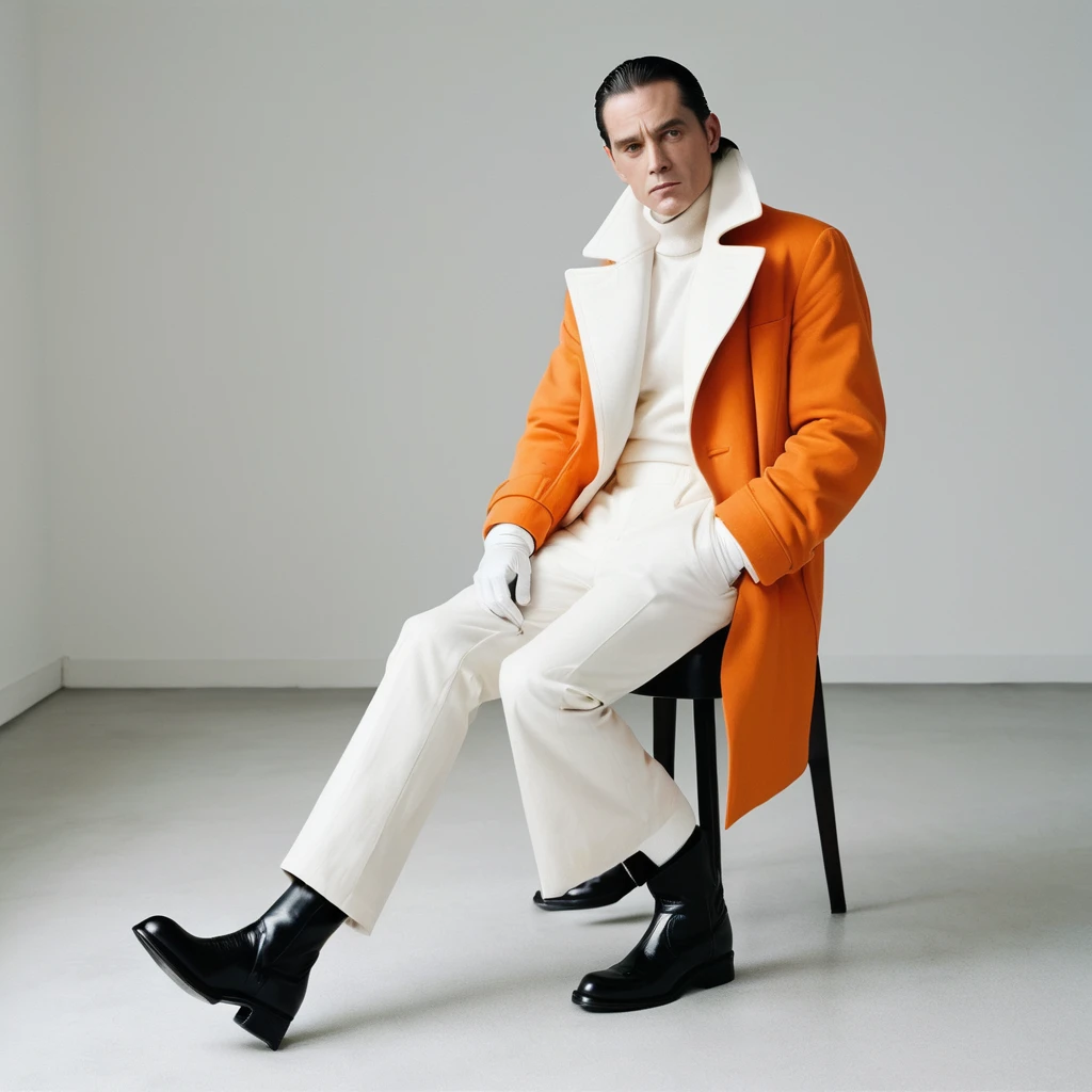In a completely white room sits in a chair facing you, face down, a man wearing pants and a thick cotton long-sleeved coat with long sleeves and white gloves and shiny black boots. From its white head, orange smoke flow emanates