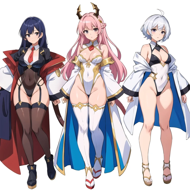 3 girls, variety of hairstyles, ((white background)), full body, multiple views, dragon horn, white outfit, thong, shrug, leotard, cleavage, short tie, flat chest, small breasts,
