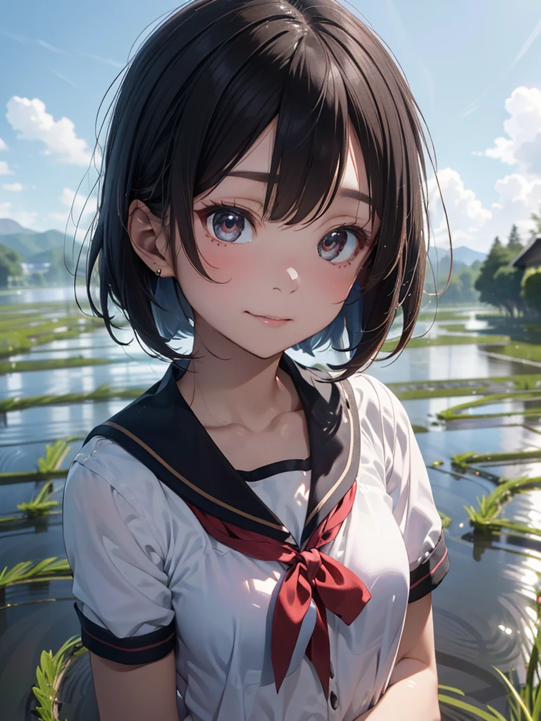 ((Best of the highest quality, 8k, Masterpiece, raw photo: 1.2)), (Sharp focus: 1.2), (1 AESPA, slim body type female, 22 y/o: 1.1), solo, (realistic, photo-realistic:1.37), face focus, cute face, finely eyes, (forehead: 1.16), (sharp chin, droopy eyes: 1.32), (Emphasize prominent aegyo-sal with bright: 1.2), shimmering eyeshadow applied under the lower lash line, paired with thick, (small breasts, flat chest: 1.3), (short bob hair: 1.28), school sailor uniform, ribbon: 1.1), walking in river, (rice field, paddy field: 1.1), flower, (from below: 1.16)