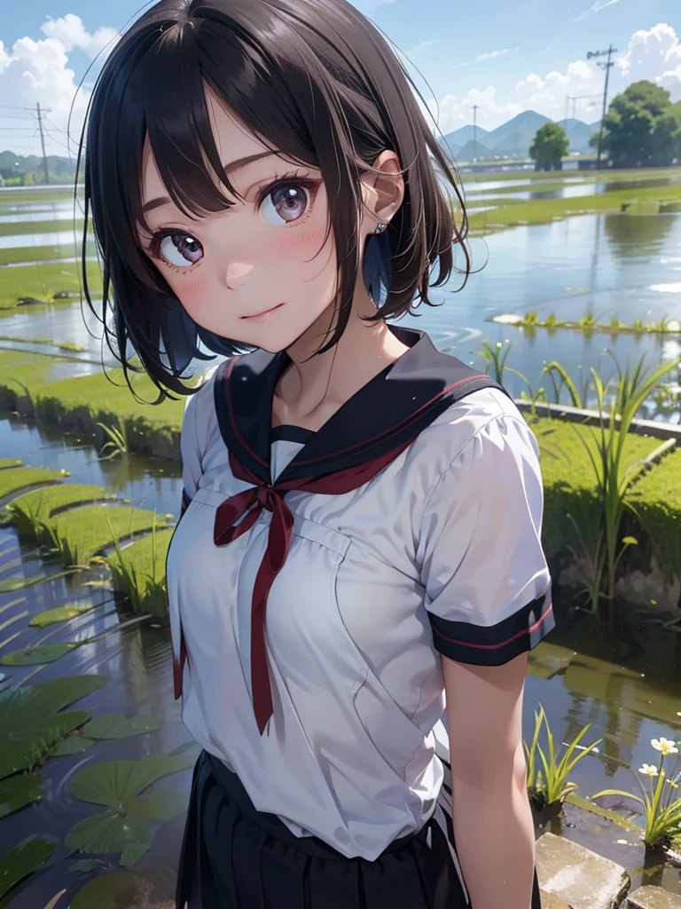 ((Best of the highest quality, 8k, Masterpiece, raw photo: 1.2)), (Sharp focus: 1.2), (1 AESPA, slim body type female, 22 y/o: 1.1), solo, (realistic, photo-realistic:1.37), face focus, cute face, finely eyes, (forehead: 1.16), (sharp chin, droopy eyes: 1.32), (Emphasize prominent aegyo-sal with bright: 1.2), shimmering eyeshadow applied under the lower lash line, paired with thick, (small breasts, flat chest: 1.3), (short bob hair: 1.28), school sailor uniform, ribbon: 1.1), walking in river, (rice field, paddy field: 1.1), flower, (from below: 1.16)