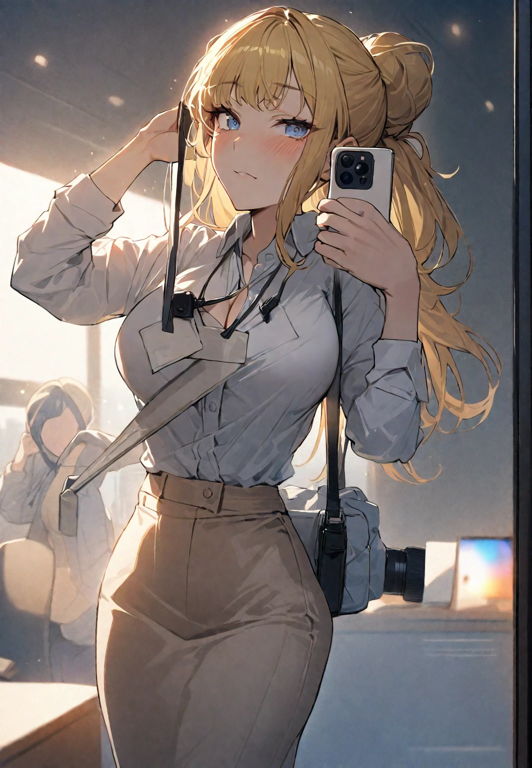 (( straight face picture )) ((best quality)), ((Masterpiece)), (details), ( Bright picture ). Young woman , yellow hair tied up ,blue eyes , Take a picture , Office lady , photographer , big breasts, Big hips