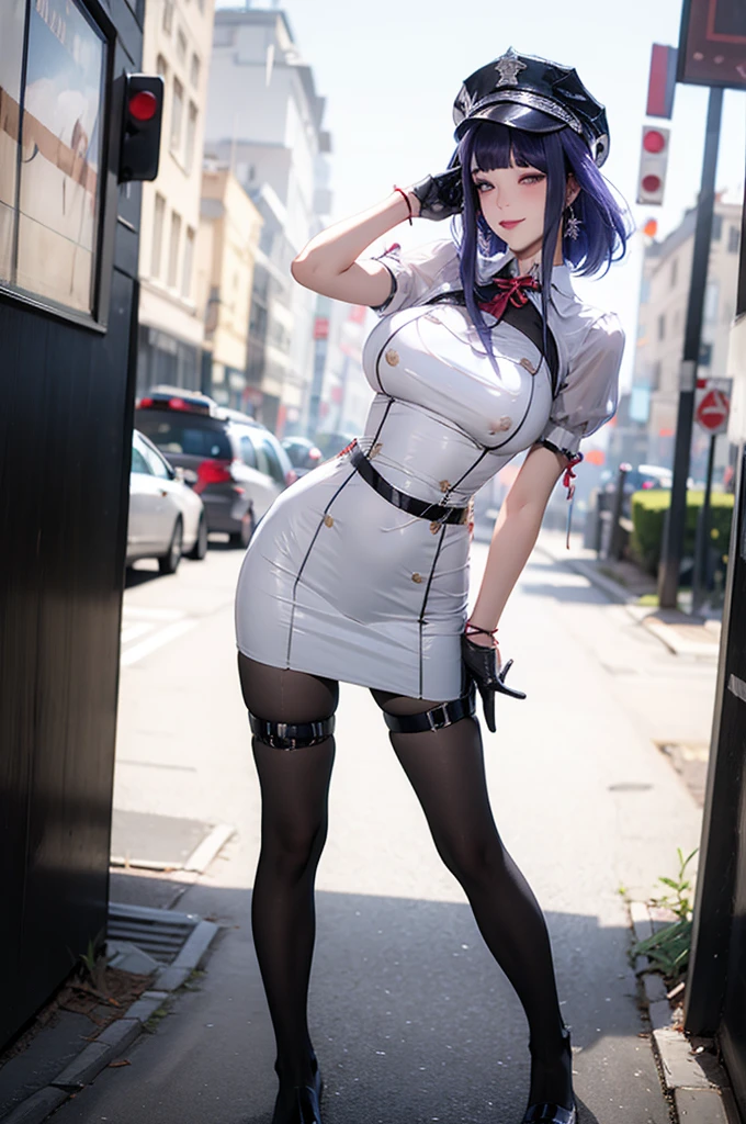 best quality,masterpiece,outdoors,night,1girl,solo,blush,eyeliner,eyeshadow,eyelashes,blunt bangs,short bangs,gigantic breasts,saggy breasts,lemon0001,dress,white dress,uniform,red ribbon,jewelry,black pantyhose,belt,purple hair,hat,black hat,peaked cap,half gloves,black gloves,short sleeves,puffy short sleeves,thigh strap,facing viewer,standing,full body,