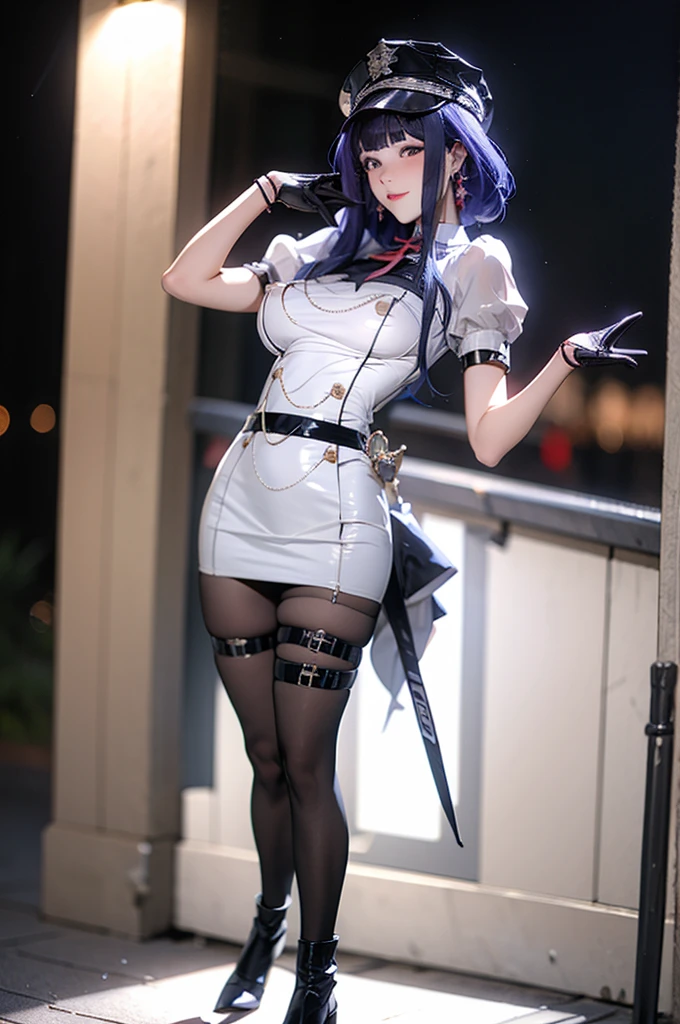 best quality,masterpiece,outdoors,night,1girl,solo,blush,eyeliner,eyeshadow,eyelashes,blunt bangs,short bangs,gigantic breasts,saggy breasts,lemon0001,dress,white dress,uniform,red ribbon,jewelry,black pantyhose,belt,purple hair,hat,black hat,peaked cap,half gloves,black gloves,short sleeves,puffy short sleeves,thigh strap,facing viewer,standing,full body,