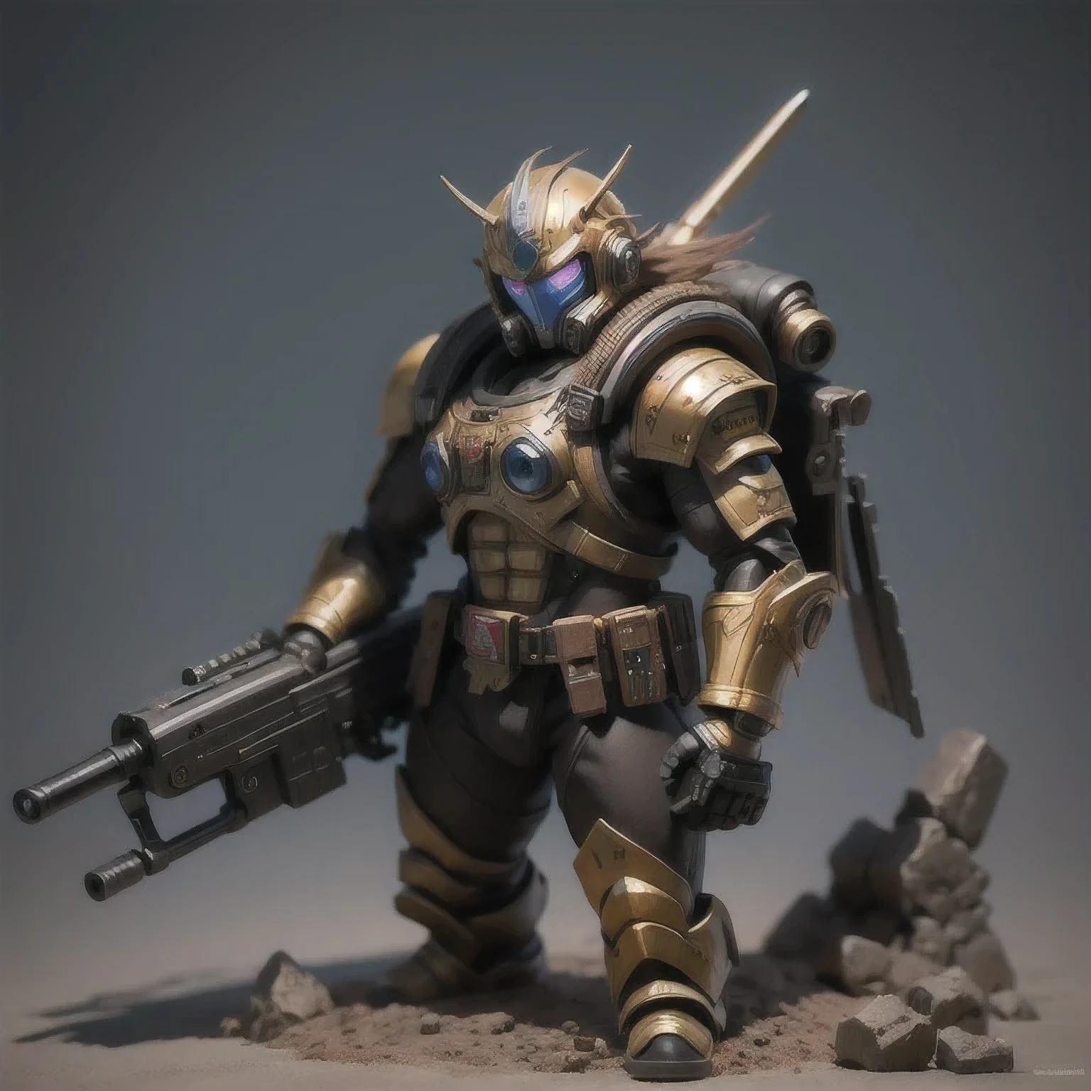 Close-up of a man toy holding a gun, Painted Action Figures, an aztec warrior, Art Station Masterpiece, Colored zbrush rendering, Warrior in sci-fi armor, Super detailed fantasy characters, Assembling, High-octane rendering, Drawing in Zrush, Dystopian Bounty Hunter, Highly detailed toys, very detailed character, ( Very detailed graphics )