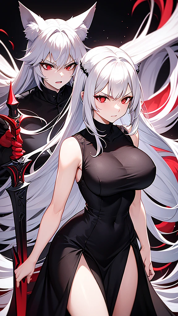 An adult woman half fox and wolf, big breasts, red eyes, white hair, very angry, in a black dress, on her back, standing, holding a sword, and very sexy