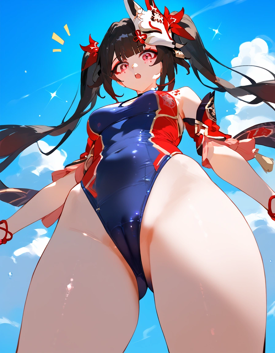 anime artwork, score_9, score_8_up, score_7_up, score_6_up, score_5_up, score_4_up,sparkle \(honkai: star rail\),1girl, twintails, black hair, medium breasts, red eyes, red eyeshadow, fox mask , , , , , she is 24 years old, , ,horny, , , , style_3, ,,, floox style, . one-piece swimsuit. from below, cameltoe, from behind, , looking at viewer, surprised, sky, clouds, sun