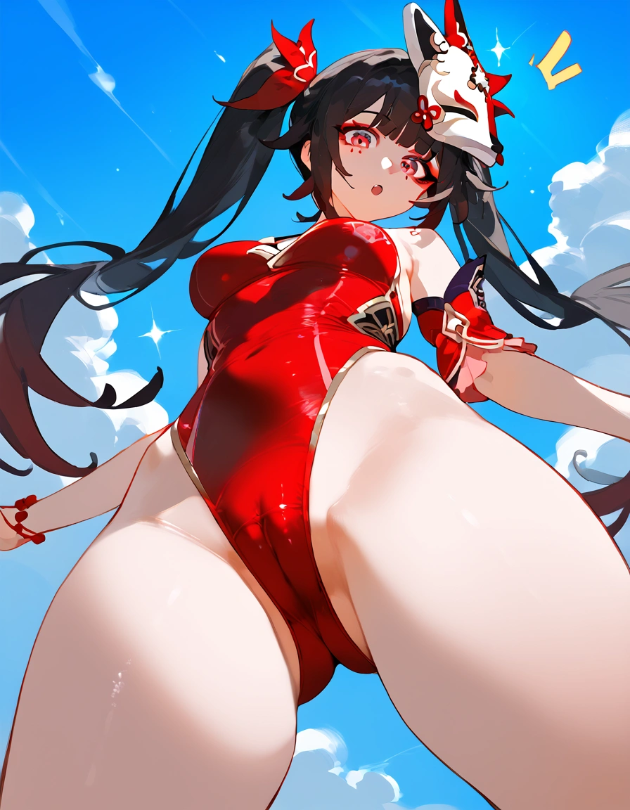 anime artwork, score_9, score_8_up, score_7_up, score_6_up, score_5_up, score_4_up,sparkle \(honkai: star rail\),1girl, twintails, black hair, medium breasts, red eyes, red eyeshadow, fox mask , , , , , she is 24 years old, , ,horny, , , , style_3, ,,, floox style, . one-piece swimsuit. from below, cameltoe, from behind, , looking at viewer, surprised, sky, clouds, sun