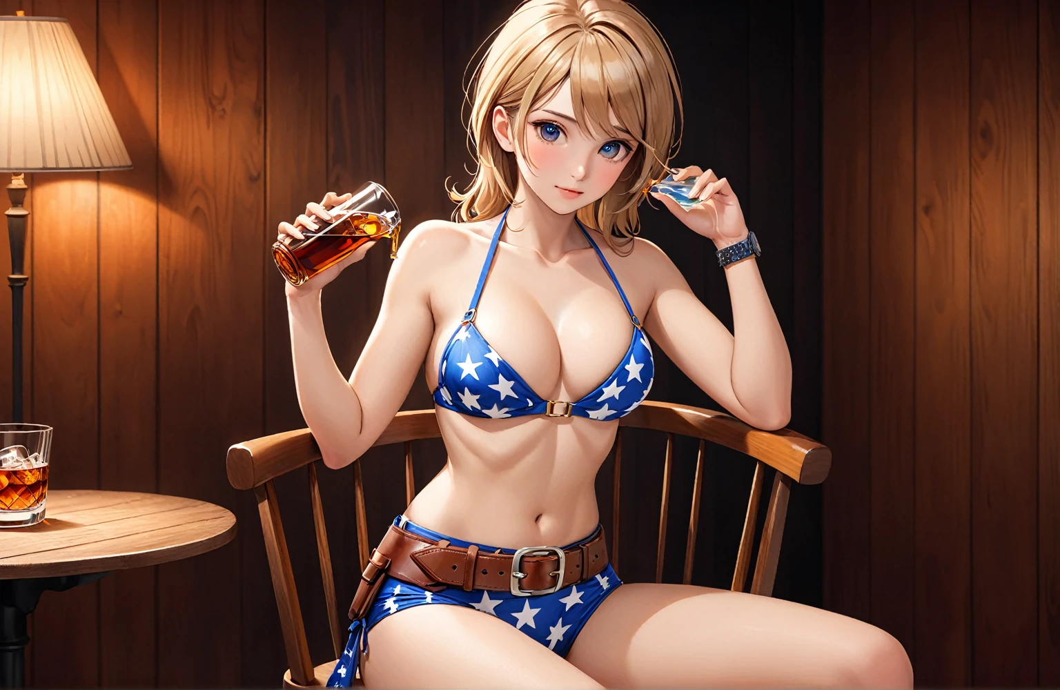 (((1 person:2.5))),(((Stars and Stripes Bikini:1.5))),(((Wear a gun belt with a holster:1.8))),((Put the watch on your wrist:1.5))),(((Showing cleavage))),(((Exposed thin inner thighs))),(((Small breasts:1.5))),(((Bare arms))),(((Put on your boots:1.5))),((Blushed:1.8)), Beautiful detailed girl, Very detailed目と顔, 緻密でBeautiful Eyes, Very detailed, High resolution, Highest quality, masterpiece, Very detailed, 8k wallpaper, wonderful, finely, Highest quality,(Standing in front of a wooden wall),Beautiful Eyes,((Engage your audience:1.5)),((Cowboy Shot:1.5))),((Front shot:1.2)),((Place your right hand on your chest:1.5)),((Drinking whiskey:1.4)),(((Drunk:1.8))),(((Sitting on a chair:1.2)))