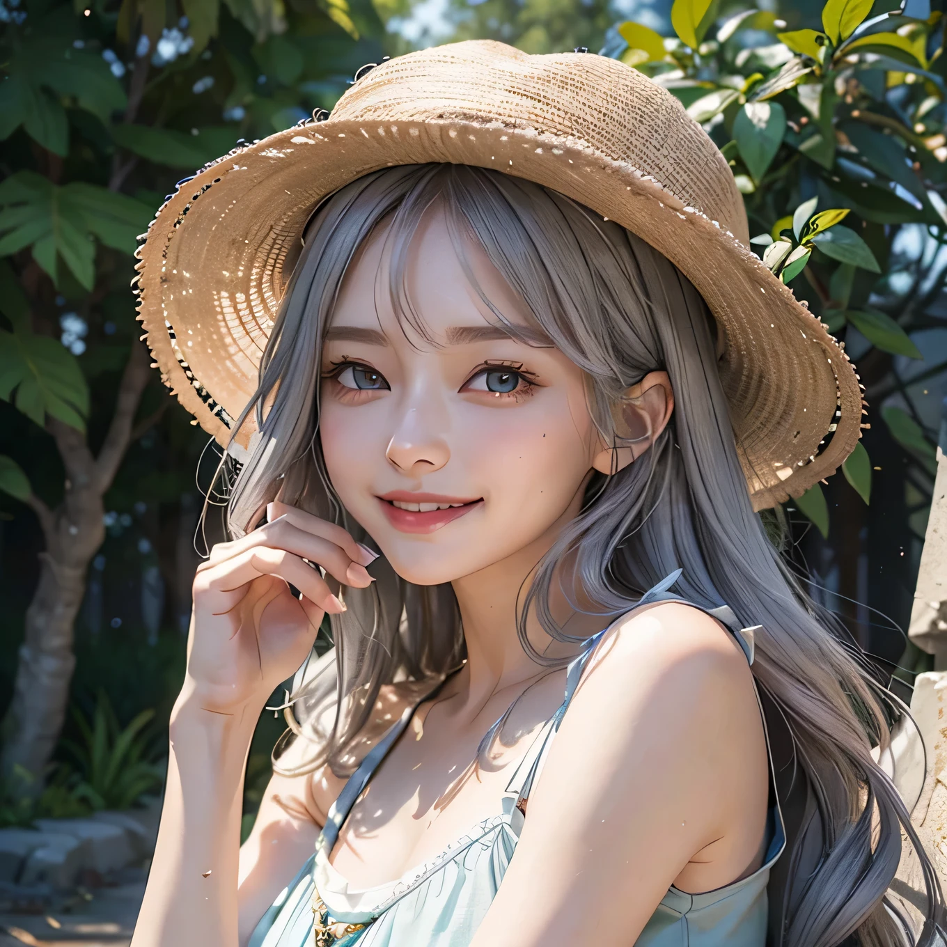 Top quality, 8K, Illustration of light novel style with delicate drawings in the adventure genre. A close-up of the herbalist's face. Grey hair,She is wearing a summer hat and has a feminine bob hairstyle. She is sweating and blushing slightly, but smiling beautifully. Her smile is warm and gentle, showing her white teeth. Her eyes are green and almond-shaped, looking at the protagonist with gratitude and curiosity.medium body