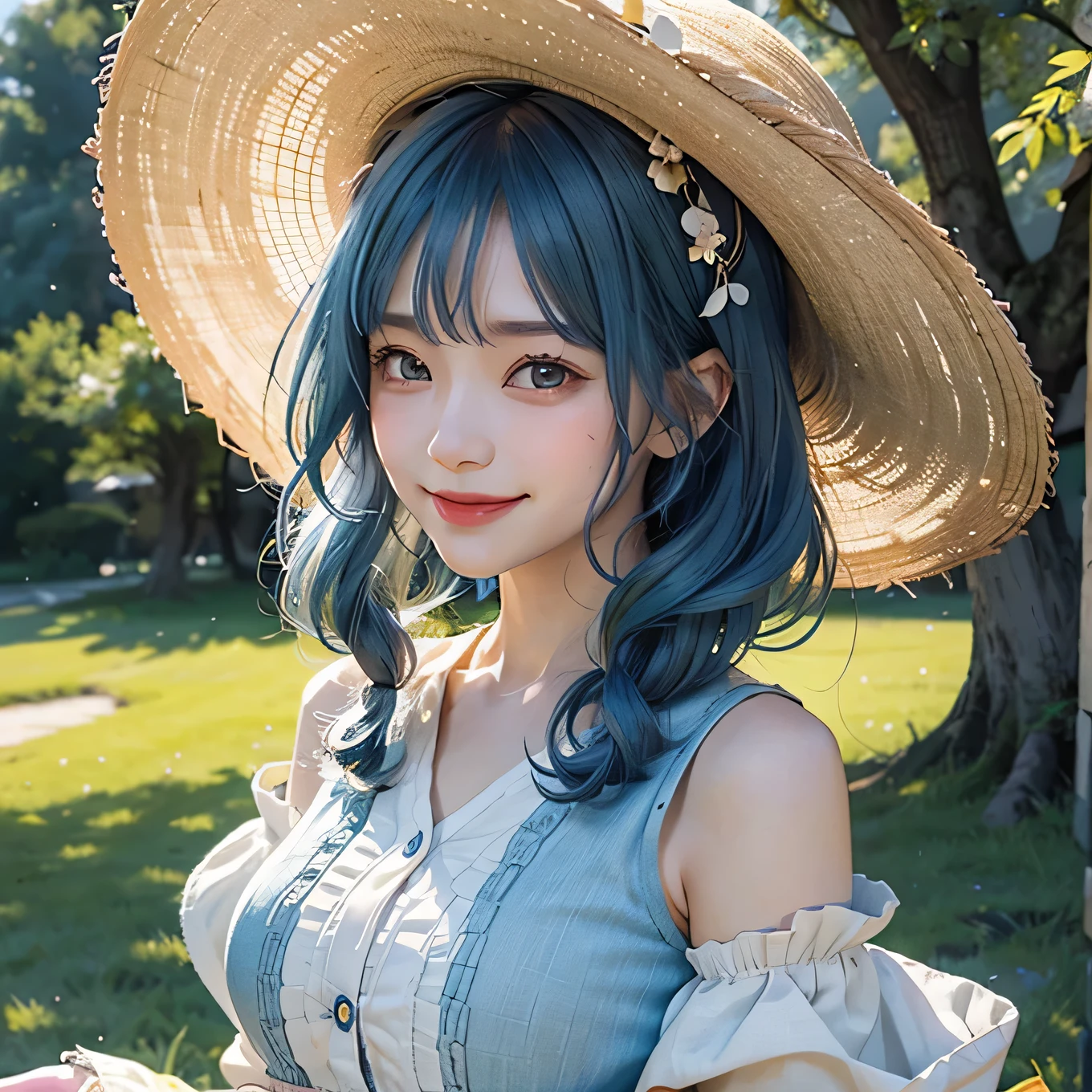 Top quality, 8K, Illustration of light novel style with delicate drawings in the adventure genre. A close-up of the herbalist's face.blue hair,She is wearing a summer hat and has a feminine bob hairstyle. She is sweating and blushing slightly, but smiling beautifully. Her smile is warm and gentle, showing her white teeth. Her eyes are green and almond-shaped, looking at the protagonist with gratitude and curiosity.medium body