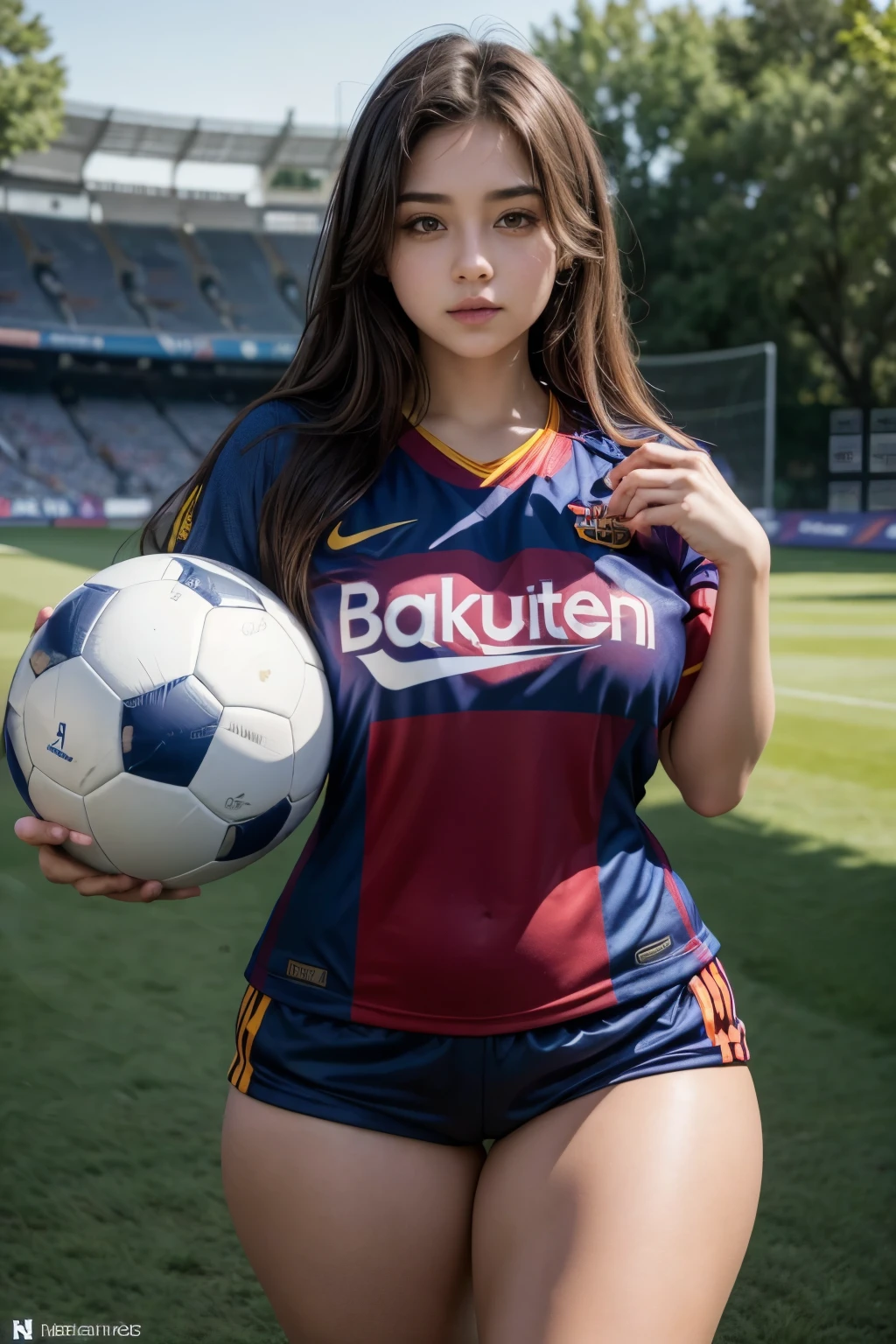A beautiful girl wearing Fc Barcelona jersey with soccer ball in hand,cutecore, beautiful eyes, thick thighs, gorgeous body,sexy, curvy,4k, ultra detailed