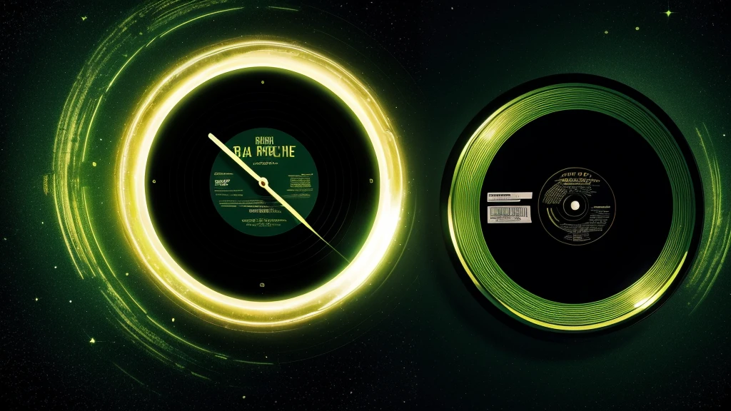 Poster Style，Green Background，Vinyl record combined with clock，Half record, half clock，Reflecting the sense of time travel，Golden text effect for English title on the right，There is a halo of light around the record similar to a black hole，Extremely high definition picture quality，quality，Real texture，Sci-fi style，A little bit of starry sky elements