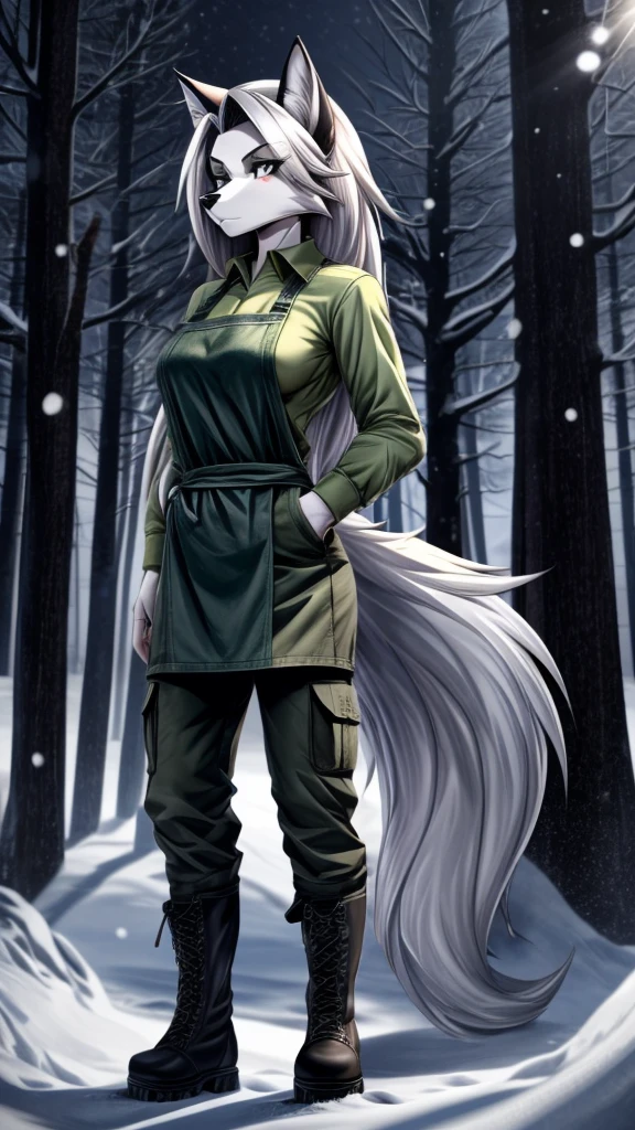 Loona from Helluva Boss, female wolf, mature adult, anthro, white hair, grey eyes, tall, green long sleeve shirt, army cargo pants, boots, vinyl apron, snow forest, snow, forest, standing, serious, dark lighting, detailed, solo, beautiful, high quality, manhwa style, 4K