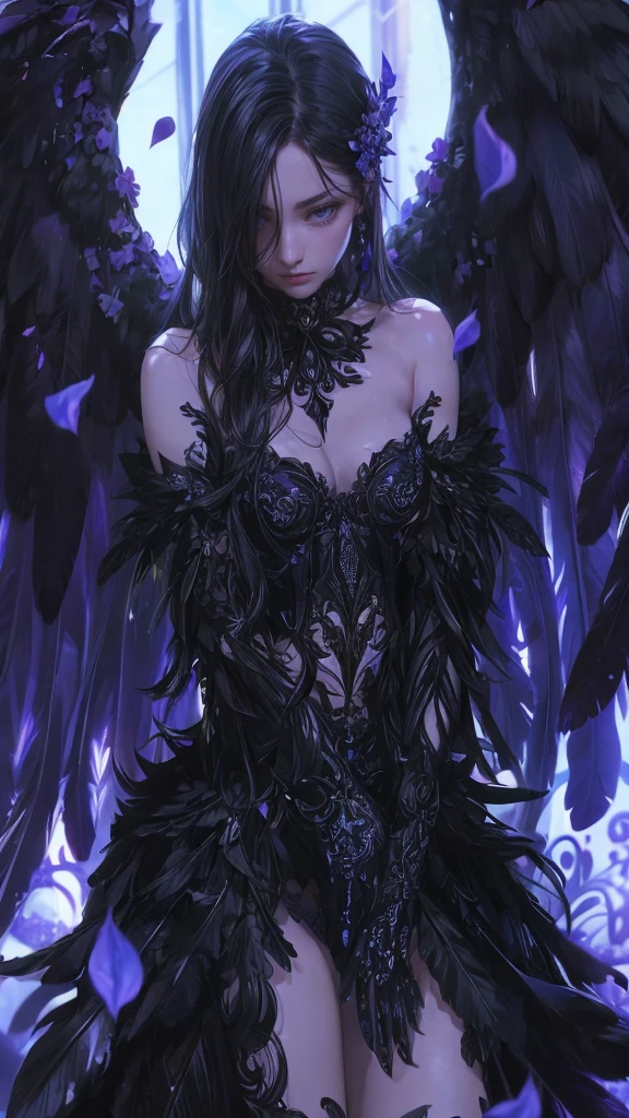 a beautiful flower angel, futuristic gothic style, extremely detailed face and body, anime-inspired, photorealistic, cinematic lighting, intricate floral patterns, ethereal wings, dramatic pose, moody color palette, volumetric light effects, hyper-realistic textures, ornate gothic architecture, stunning digital art