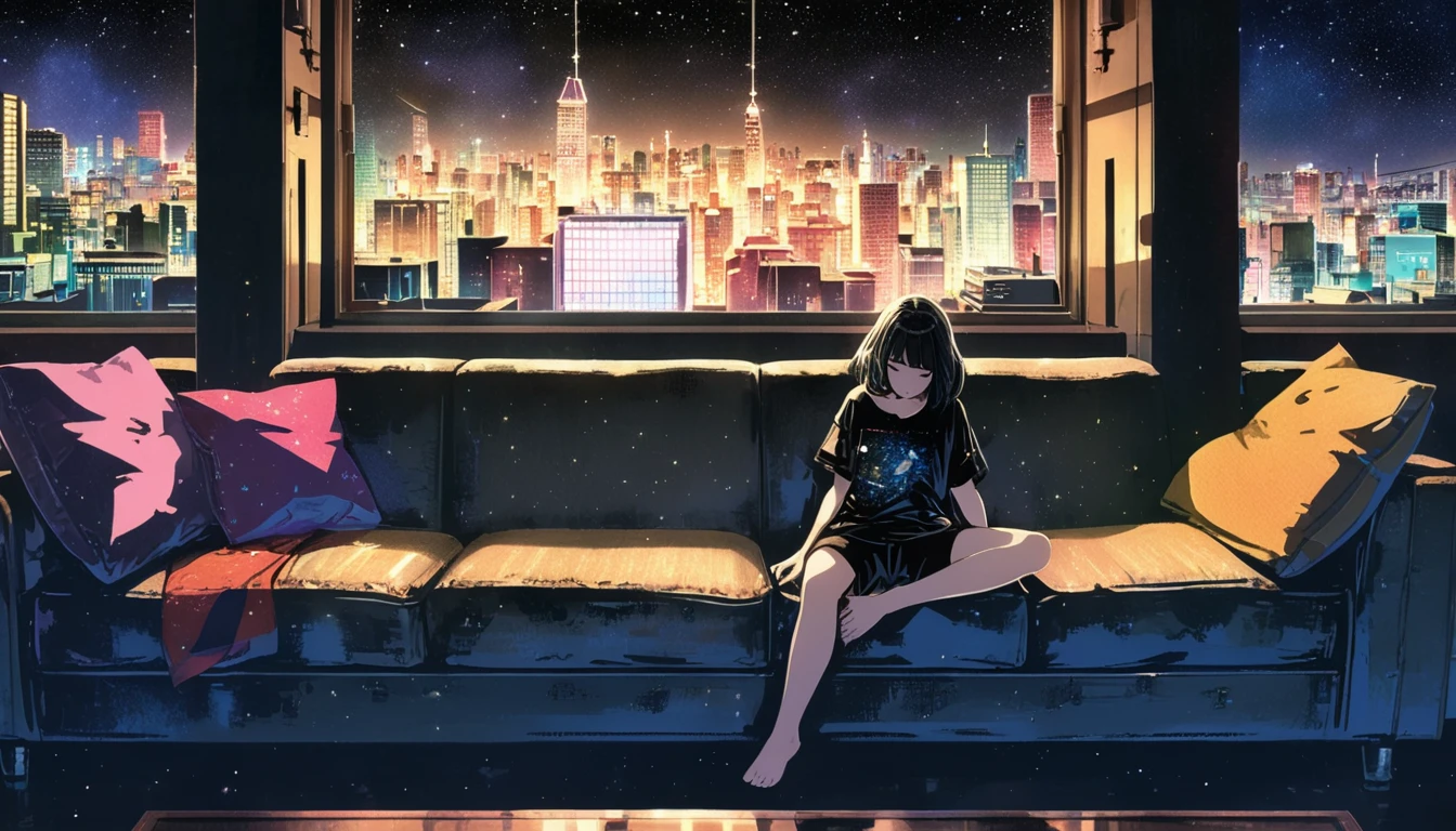 Super detailed:1.3, (Absurd, texture, masterpiece), pixiv Contest Winner, John Berkey, Dynamic cartoon style illustration,Oversized T-shirt、stand lighting、Colored pencil style、Long black hair、play the guitar、sofa、kitten、Night Sky、star、Room with a window、High precision、detailed、８K,Sitting with legs crossed, Starry sky inner hair,Dark aesthetic,Euphoric,Oversized T-shirt,Black shorts,Beautiful woman,Old alley background, Dozing off,Crayon colored Zentangle,overview,Anime key visual,