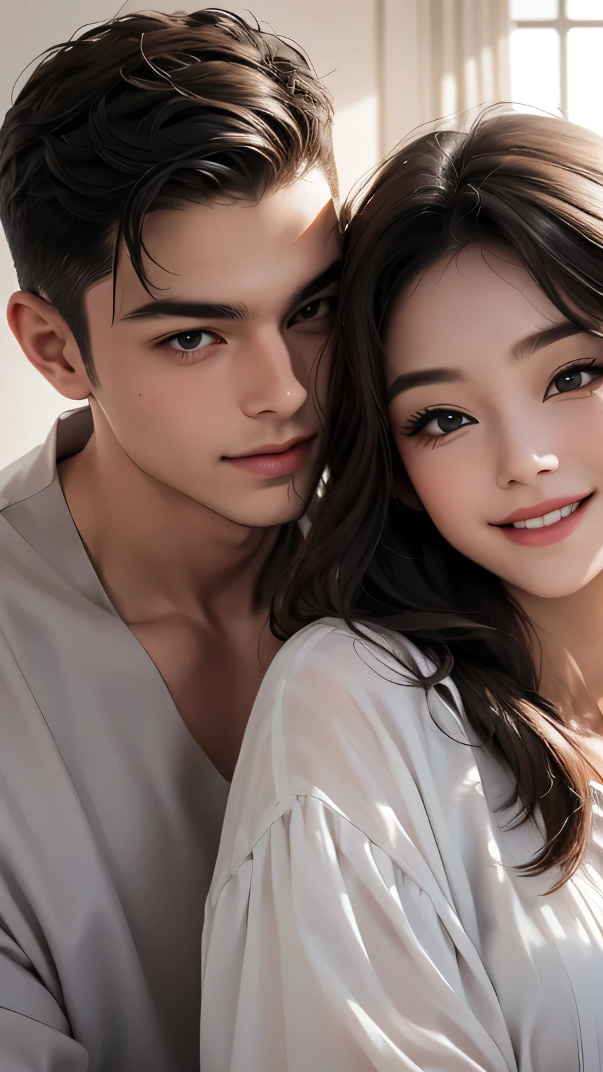 A man and a woman wearing loose, refreshing blouses are rubbing cheeks together、Looking straight at the camera and smiling, The background is a plain gray gradient, Close-up