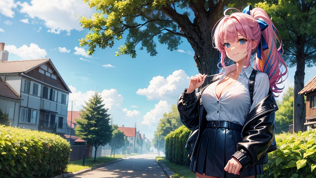 1girl, solo, full body, summer, village, trees, sun, clouds, fantasy, ((colorful hair)), curly hair, ponytail, big full breasts, ((opened blue leather jacket)), button down shirt, ((white shirt)), ((short sleeved shirt)), ((unbuttoned shirt)), unbuttoning buttons, cleavage 1:3, blue eyes, skirt, smile, looking at the viewer, standing, hair ribbon, golden necklate
