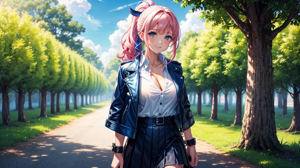 1girl, solo, full body, summer, village, trees, sun, clouds, fantasy, ((colorful hair)), curly hair, ponytail, big full breasts, ((opened blue leather jacket)), button down shirt, ((white shirt)), ((short sleeved shirt)), ((unbuttoned shirt)), unbuttoning buttons, cleavage 1:3, blue eyes, skirt, smile, looking at the viewer, standing, hair ribbon, golden necklate