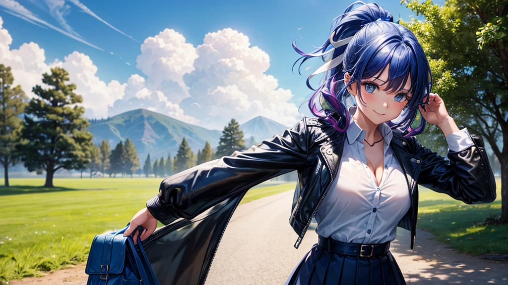 1girl, solo, full body, summer, village, trees, sun, clouds, fantasy, ((colorful hair)), curly hair, ponytail, big full breasts, ((opened blue leather jacket)), button down shirt, ((white shirt)), ((short sleeved shirt)), ((unbuttoned shirt)), unbuttoning buttons, cleavage 1:3, blue eyes, skirt, smile, looking at the viewer, standing, hair ribbon, golden necklate