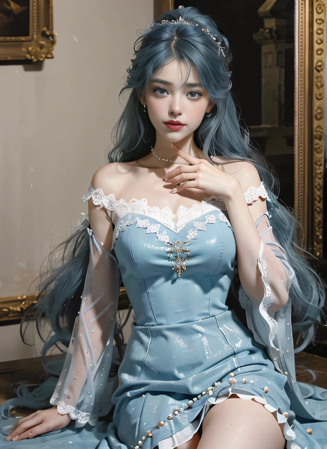 (Masterpiece, Best Quality: 1.4), Detailed Background, Crystal, Crystal Cluster, Long Hair, Jewelry, Earrings, Necklace, Crown, Bride, Hair, Halo, (Overlook), Dynamic Angle, Ultra Detailed, Illustration, Close Up, Direct Look, 1girl, (Fantasy: 1.4), (detailed Eyes: 1.233), Her Eyes Shine Like Dreamy Stars, (Glow Eyes: 1.233), (Beautiful and Delicate Eyes: 1.1), (Silver Hair: 1.14), (Messy Hair, Very Long Hair, French braids, hair between the eyes, side hair), (hair flower: 1.14)), (chiffon dress, uniform orange flower pattern)/= (military uniform: 1.24), (split sleeves, wide sleeves), (fingerless gloves), choker, (miko thighhighs), high heeled boots, (expressionless, shut up), (standing), (classical princess boudoir with dresser floor-to-ceiling windows ancient palace), (orange flowers, blooming), (deep sea), (flowing water), (dark orange world tree:1.14),(Ruins),(Night:1.2),dreamy,Soul,(fluorescent),(Flying Translucent orange Butterfly:1.15),[Delicate Fingers and Hands:0.55]::0.85], (Finger Detail), (Yubao:0.5), sitting,