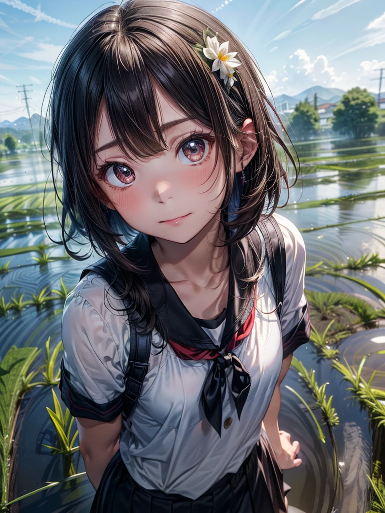 ((Best of the highest quality, 8k, Masterpiece, raw photo: 1.2)), (Sharp focus: 1.2), (1 AESPA, slim body type female, 22 y/o: 1.1), solo, (realistic, photo-realistic:1.37), face focus, cute face, finely eyes, (forehead: 1.16), (sharp chin, droopy eyes: 1.32), (Emphasize prominent aegyo-sal with bright: 1.2), shimmering eyeshadow applied under the lower lash line, paired with thick, (small breasts, flat chest: 1.3), (short bob hair: 1.28), school sailor uniform, ribbon: 1.1), walking in river, (rice field, paddy field: 1.1), flower, (from below: 1.16)