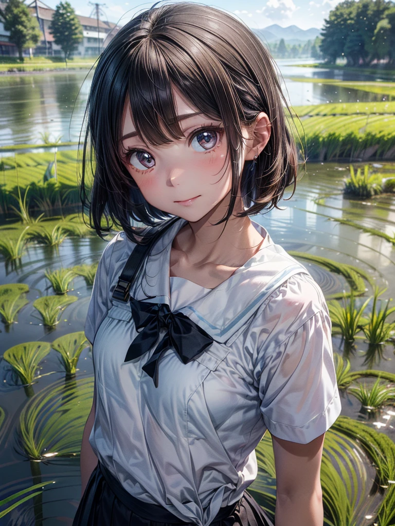 ((Best of the highest quality, 8k, Masterpiece, raw photo: 1.2)), (Sharp focus: 1.2), (1 AESPA, slim body type female, 22 y/o: 1.1), solo, (realistic, photo-realistic:1.37), face focus, cute face, finely eyes, (forehead: 1.16), (sharp chin, droopy eyes: 1.32), (Emphasize prominent aegyo-sal with bright: 1.2), shimmering eyeshadow applied under the lower lash line, paired with thick, (small breasts, flat chest: 1.3), (short bob hair: 1.28), school sailor uniform, ribbon: 1.1), walking in river, (rice field, paddy field: 1.1), flower, (from below: 1.16)