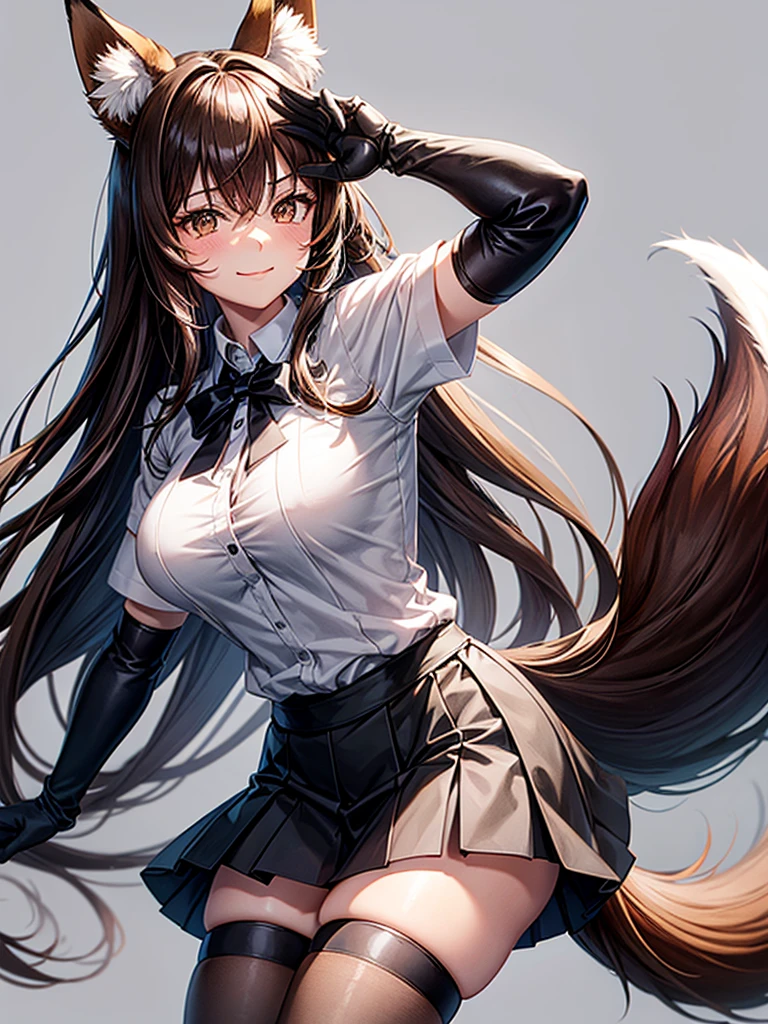 best quality, solo,Franka, 1girl, solo, long hair, breasts, looking at viewer, blush, smile, bangs, skirt, large breasts, simple background, brown hair, shirt, thighhighs, gloves, white background, animal ears, hair between eyes, brown eyes, very long hair, closed mouth, tail, short sleeves, black gloves, elbow gloves, collared shirt, black skirt, animal ear fluff, fox ears, fox tail, fox girl, single thighhigh, grey shirt, asymmetrical legwear,
