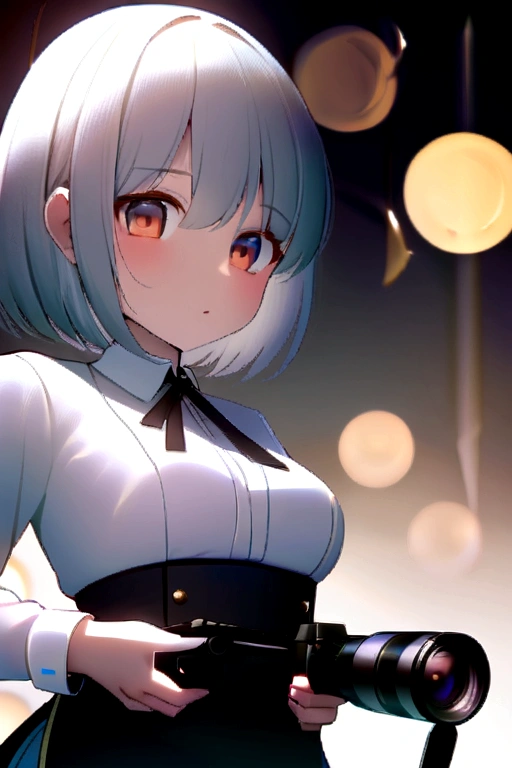 ((16 Night Divorce)), ((Tohou Project)), cosplay, 20-year-old woman, (((gray hair)), ((half spiky hair)), ((blue maid outfit)), ((white blouse)), middle of the chest, (Lumiere)))), (pose))), (photo photorealistic: 1.3), rim Lumiereing, (High-detail skin:1.2), 8k hd, dslr, high qualiy, high resolution, 4K, 8K, bokeh, absurdrez, best proportion four fingers and a thumb, (Real:1.3), 1 cutest girl, Many knives