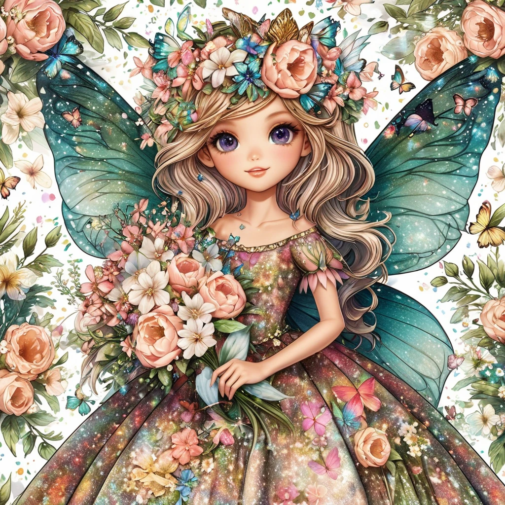 Close-up of a fairy holding flowers and butterflies, Beautiful fairy, Fairy portrait, Fairy portrait, Marie Angel, portrait of Fairy Princess, Beautiful fairy, Space Flower Fairy, Fairy Princess, beautiful adult fairy, Forest Fairy, Beautiful fairys, Cute and detailed digital art, Fairy Queen, queen of flowers, Flower Goddess, Wonderful like a fairy