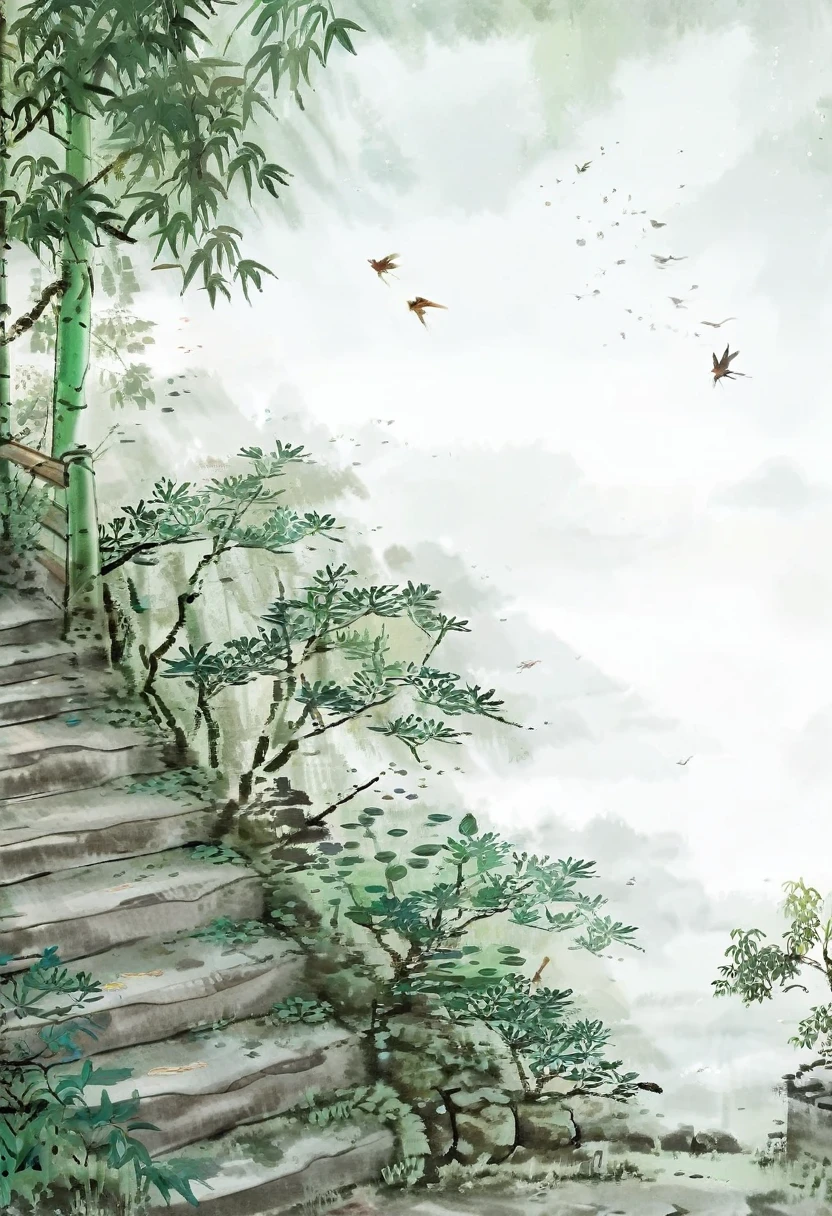 Photography，Masterpiece，Traditional Chinese Painting，Pictorial works，concise，Ink，Small summer solar term，A large bamboo forest，Courtyard stairs，Moss on the stairs，Crickets on the roadside，Birds are flying，
