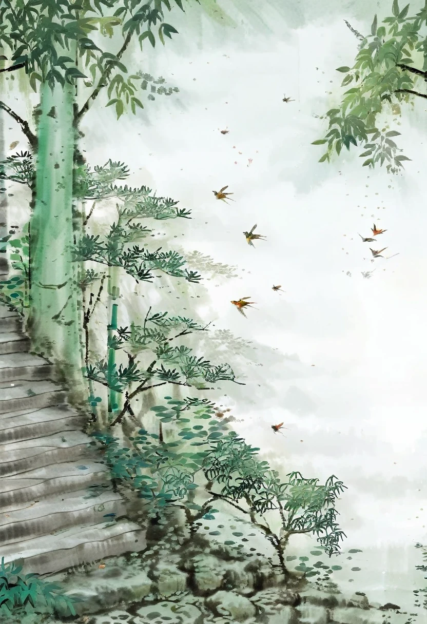 Photography，Masterpiece，Traditional Chinese Painting，Pictorial works，concise，Ink，Small summer solar term，A large bamboo forest，Courtyard stairs，Moss on the stairs，Crickets on the roadside，Birds are flying，