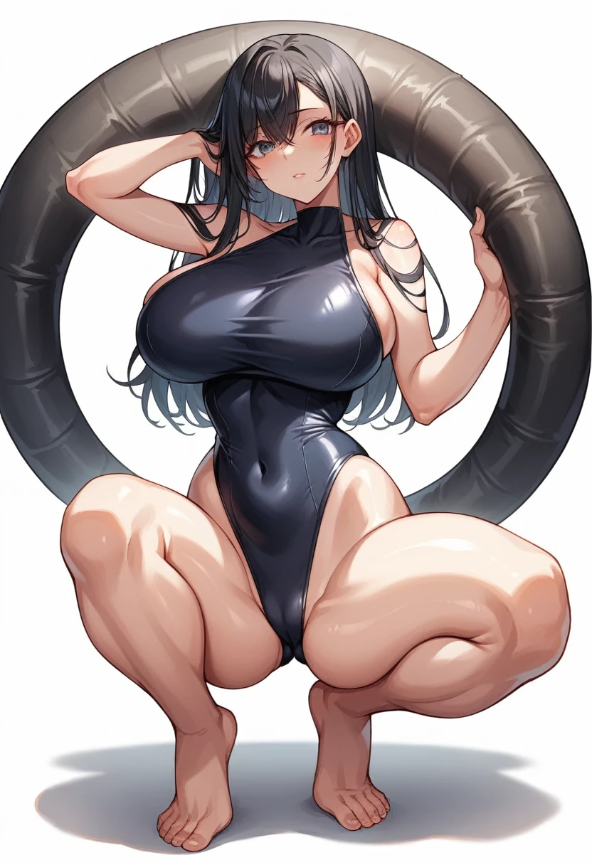 masterpiece,Highest quality,High resolution,shape,Very detailed,8k CG wallpaper,One Girl,Ray Tracing,Beautiful breasts,Long black hair, Black oversized swimsuit,White background,Waistline,Lie on your back,Crouching,Big Breasts,The back is arched,