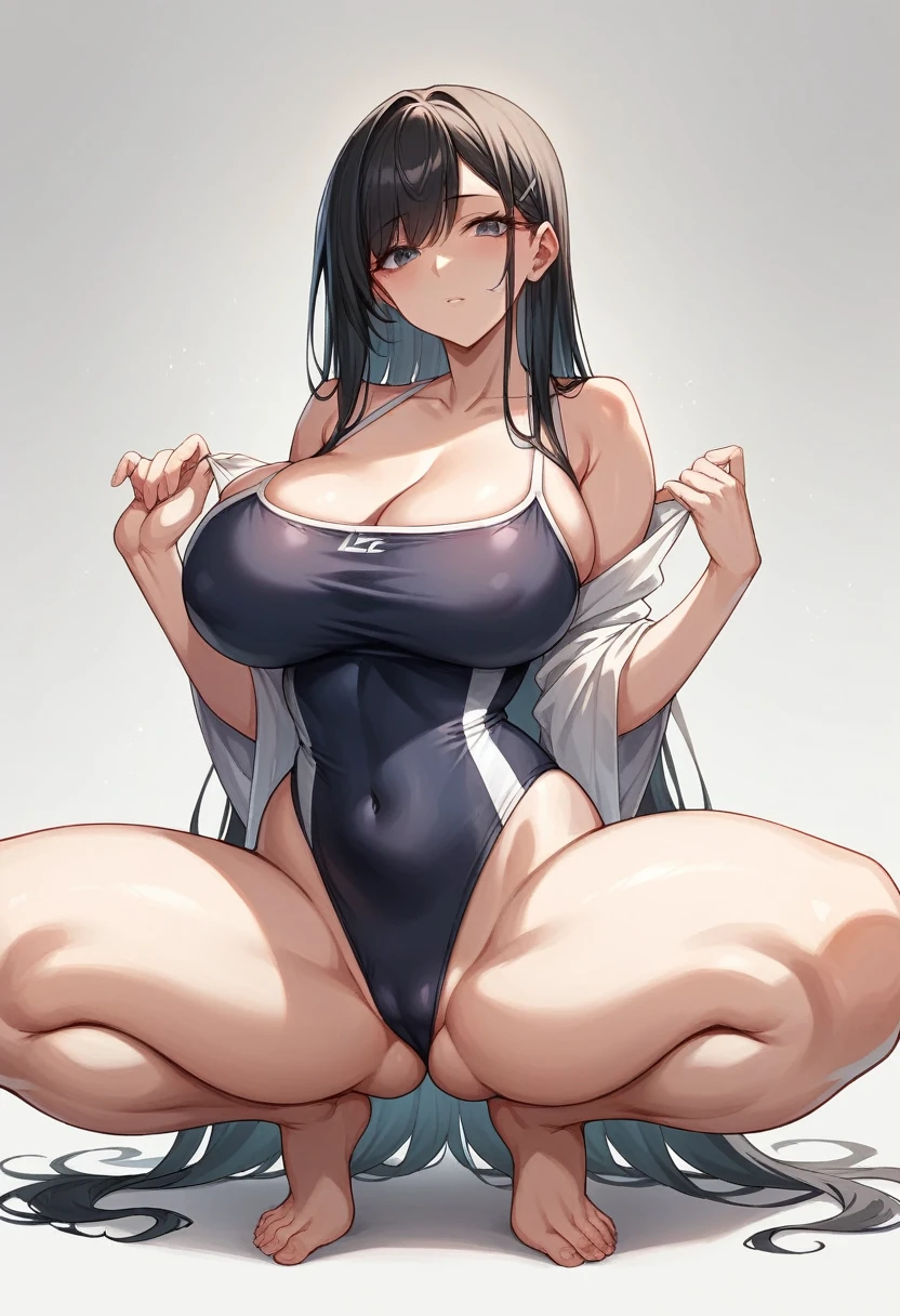 masterpiece,Highest quality,High resolution,shape,Very detailed,8k CG wallpaper,One Girl,Ray Tracing,Beautiful breasts,Long black hair, Black oversized swimsuit,White background,Waistline,Lie on your back,Crouching,Big Breasts,The back is arched,