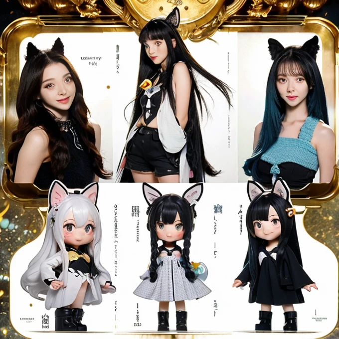 a child character with long brown hair and bangs, golden eyes and wearing a child's dress and brown boots, different angles, in the style of Miraculous Ladybug, character sheet, white background --ar 4:2, character poses,masterpiece、top-quality、ultra-detailliert、(Chibi Chara musicians:1.2)、(Artist Photography Flavor Images:1.2)、band vocals、comic con中,personification(cat ears human cat tail)At comic con,There are many different types of toys and many different figures,3D Nendoroid,anime statue,Toy figure,Funny anime style,anime action figure,silicone man,Silicone statue,Styled for Nendoroid,figure、 anime figure、action figurine toys、silicone statue animal illustrations,mixed species,different kinds of animals,various species,diverse animals,digimon evolution,Ultimate Evolution,perfect body,ultimate body,horse,有personification,digimon evolution,Ultimate Evolution,perfect body,ultimate body,UFO,There is a horse,有personification,There are photos of Cat lady with many animals,animal illustrations,mixed species,different kinds of animals,various species,diverse animals,digimon evolution,Ultimate Evolution,perfect body,ultimate body,horse,有personification,digimon evolution,Ultimate Evolution,perfect body,ultimate body,UFO,有personification,Cat lady,cat ears women\(Lovely,Kawaii,16 years old),quality\(masterpiece,high resolution,top-quality,top-quality real texture skin,提high resolution,RAW photos,Best quality,Very detailed\)