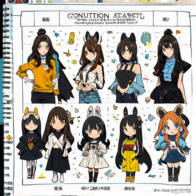 a child character with long brown hair and bangs, golden eyes and wearing a child's dress and brown boots, different angles, in the style of Miraculous Ladybug, character sheet, white background --ar 4:2, character poses,masterpiece、top-quality、ultra-detailliert、(Chibi Chara musicians:1.2)、(Artist Photography Flavor Images:1.2)、band vocals、comic con中,personification(cat ears human cat tail)At comic con,There are many different types of toys and many different figures,3D Nendoroid,anime statue,Toy figure,Funny anime style,anime action figure,silicone man,Silicone statue,Styled for Nendoroid,figure、 anime figure、action figurine toys、silicone statue animal illustrations,mixed species,different kinds of animals,various species,diverse animals,digimon evolution,Ultimate Evolution,perfect body,ultimate body,horse,有personification,digimon evolution,Ultimate Evolution,perfect body,ultimate body,UFO,There is a horse,有personification,There are photos of Cat lady with many animals,animal illustrations,mixed species,different kinds of animals,various species,diverse animals,digimon evolution,Ultimate Evolution,perfect body,ultimate body,horse,有personification,digimon evolution,Ultimate Evolution,perfect body,ultimate body,UFO,有personification,Cat lady,cat ears women\(Lovely,Kawaii,16 years old),quality\(masterpiece,high resolution,top-quality,top-quality real texture skin,提high resolution,RAW photos,Best quality,Very detailed\)