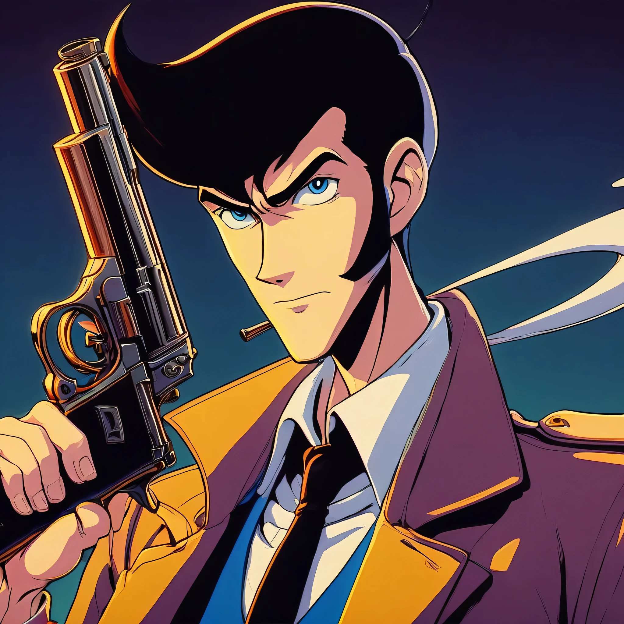 impactful paint of classic anime cartoon of Lupin III with a gun   highly detailed,   8k,   sharp,  professional, clear,   high contrast, high saturated, , vivid deep blacks, crystal clear