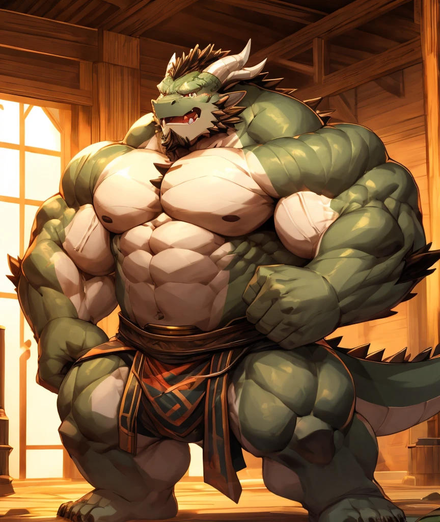 

Dragon Orc，Strong body，muscular，Like a born strong man。His skin looks healthy and fair...，Muscle and fat intertwined，Create unique skin texture，Perfect and powerful。

His arms are as strong as iron pillars，Well-defined muscles，It seems to contain infinite power。Palms are generous，Sharp fingers and claws，Showing his wildness and strength。

He has a big heart，Muscle bulge，As if it could withstand any impact。Very good abdominal muscles，腰部Full of power，Like an indestructible mountain。

His legs are muscular，Seems to be able to overcome any obstacle。Calf muscle lines are smooth，Full of power，A dragon that looks strong and agile&#39;The tail is strong and powerful，The scales at the end of the tail shone with cold light，Showing his majesty and mystery。

The whole picture is dominated by cold colors..，强调白Dragon Orc的力量和威严。In the treatment of light and shadow，Let the gentle sunshine shine on him，Make his muscles more three-dimensional and vivid。at the same time，Pay attention to his facial expressions and eyes，He showed his perseverance and courage，Like an invincible strongman。