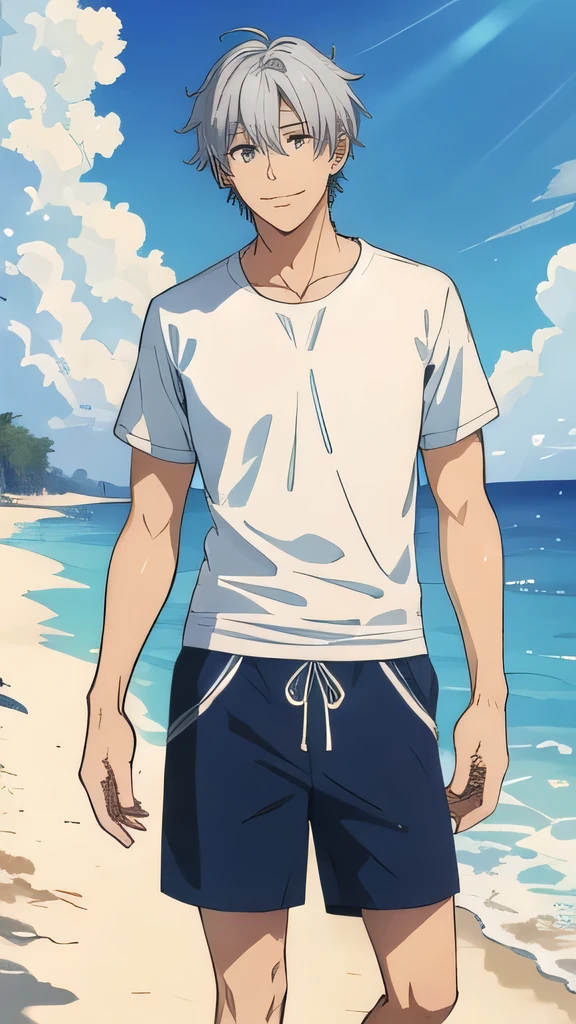(Highest quality, masterpiece,Swimwear for Men), 1 male, 40 years old, wonderful, a handsome guy, A kind smile, Silver Hair,Ocean,Swimwear,Shorts,