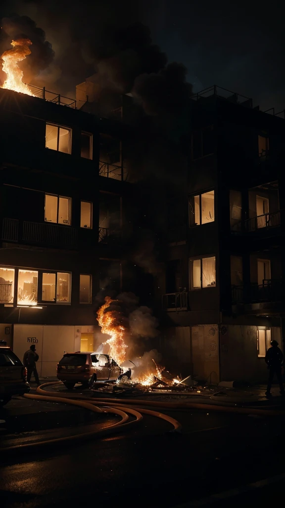 "Create an image that conveys a sense of suspense and urgency during a building fire, using vibrant, contrasting colors with abstract patterns. The scene should show a burning building at night, with dense smoke and intense flames illuminating the darkness. Include elements like broken windows, shadows of people trying to escape and silhouettes of firefighters arriving at the scene. Use a dramatic color palette, como tons de vermelho, orange and yellow for the flames, combined with the dark blue and black of the night and smoke. Add abstract pattern details to the flames and smoke to heighten the sense of chaos and despair. The composition must be detailed and tense, capturing the intensity and urgency of the situation. The image should evoke a sense of imminent danger and suspense, through a unique and impactful visual style."